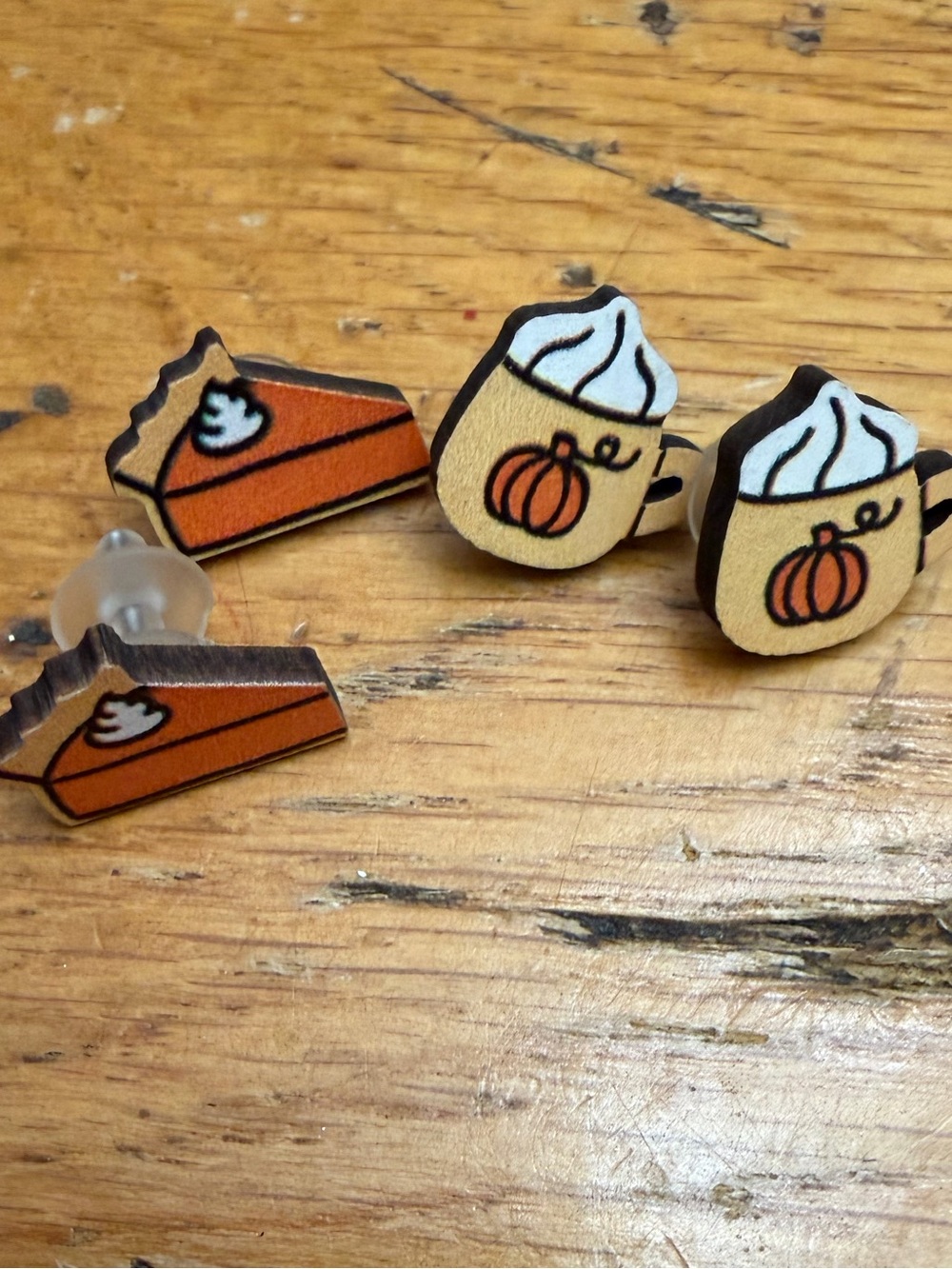 2 pairs of Autumn Pumpkin Pie and Latte Wooden Stud Earrings - Orange and Cream